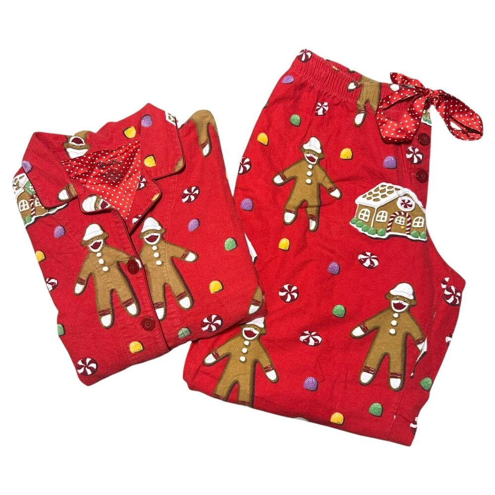 Nick & Nora Red Flannel Christmas Gingerbread Sock Monkey Pajama Set, Large